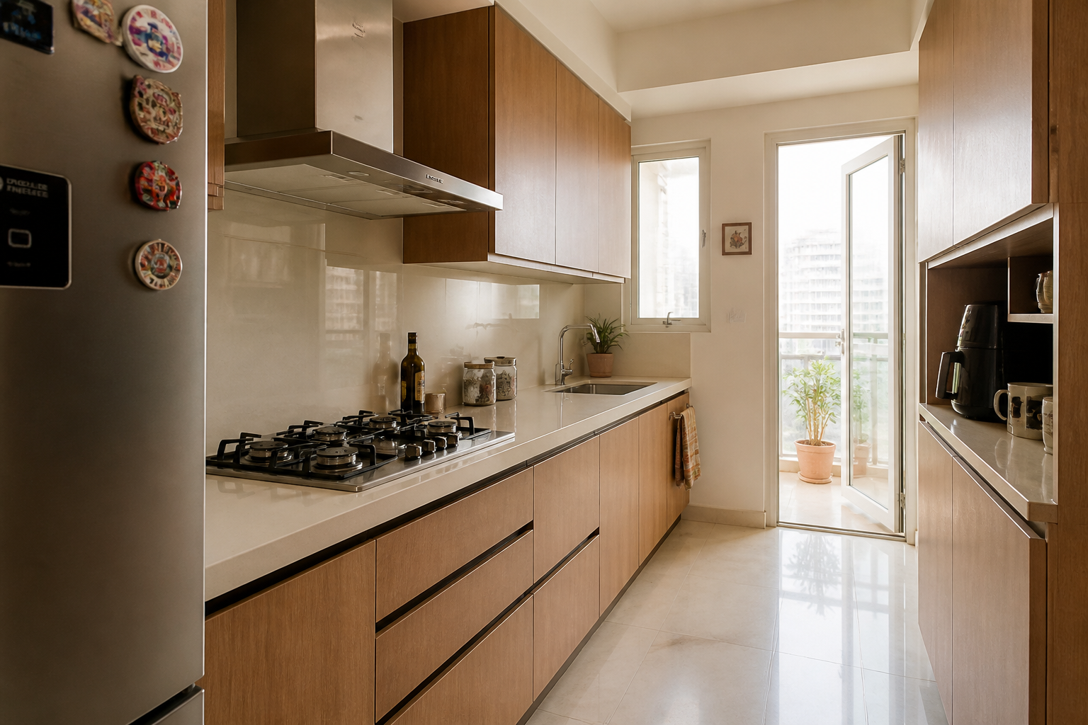 Modular kitchen in warm oak